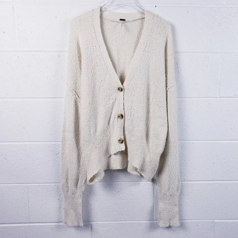 Free People Cream Button-Up V-Neck Sweater Cardigan